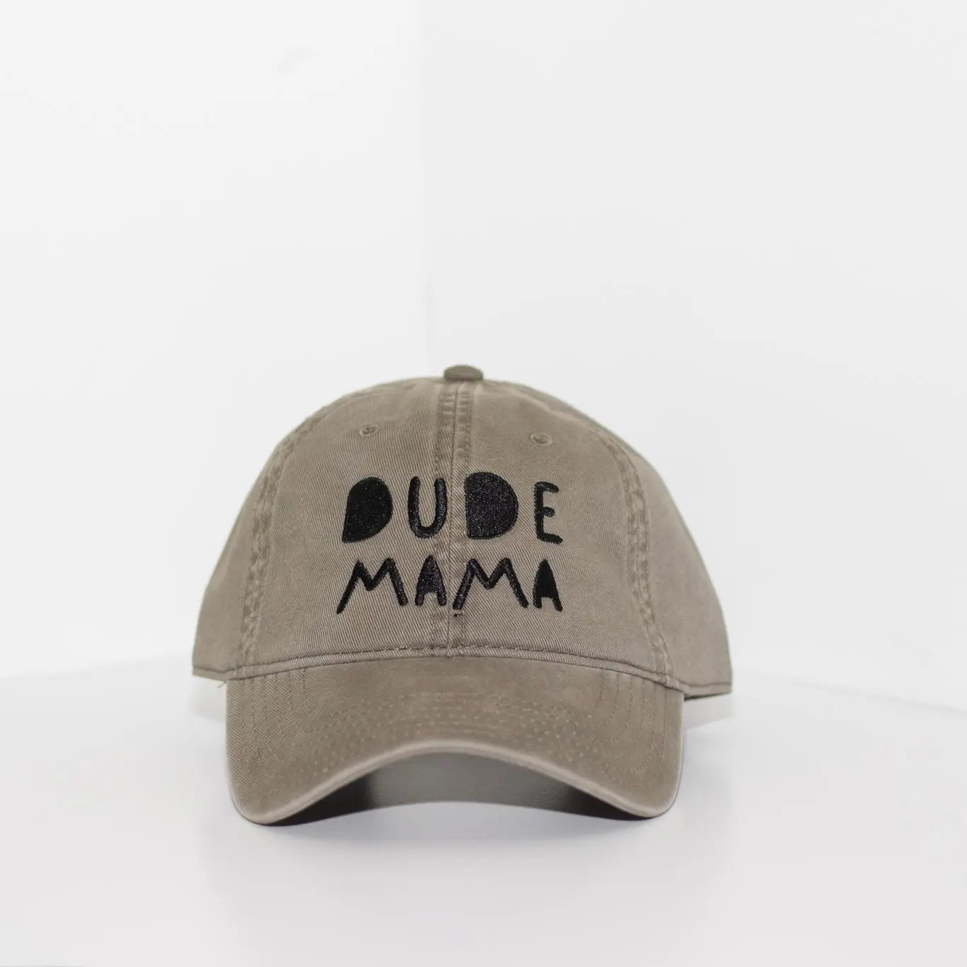 Olive green boy mom hat. The hat says 'Dude Mama' and is on a light gray background.