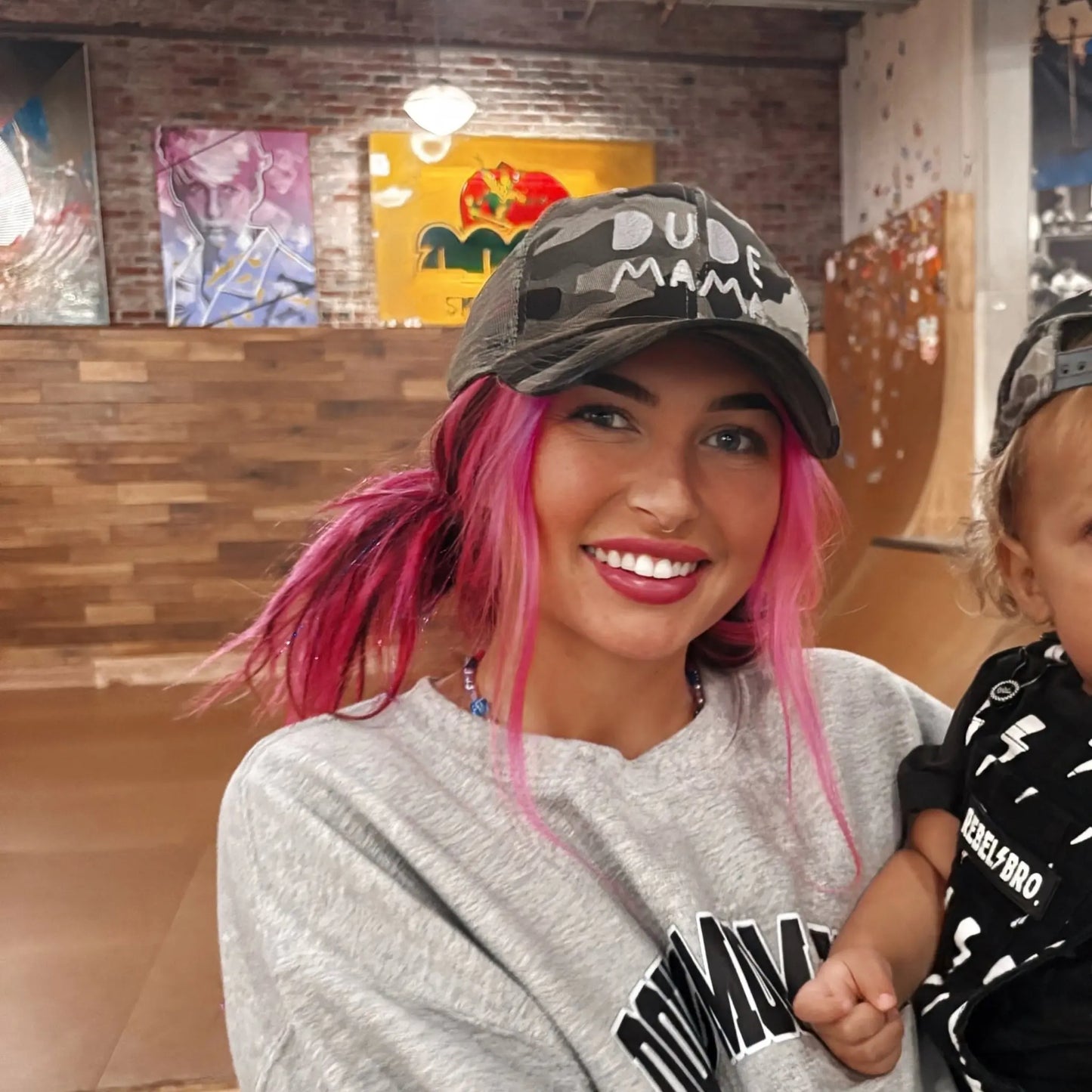 Camo + Gray Text Dude Mama Hat Dude Mama