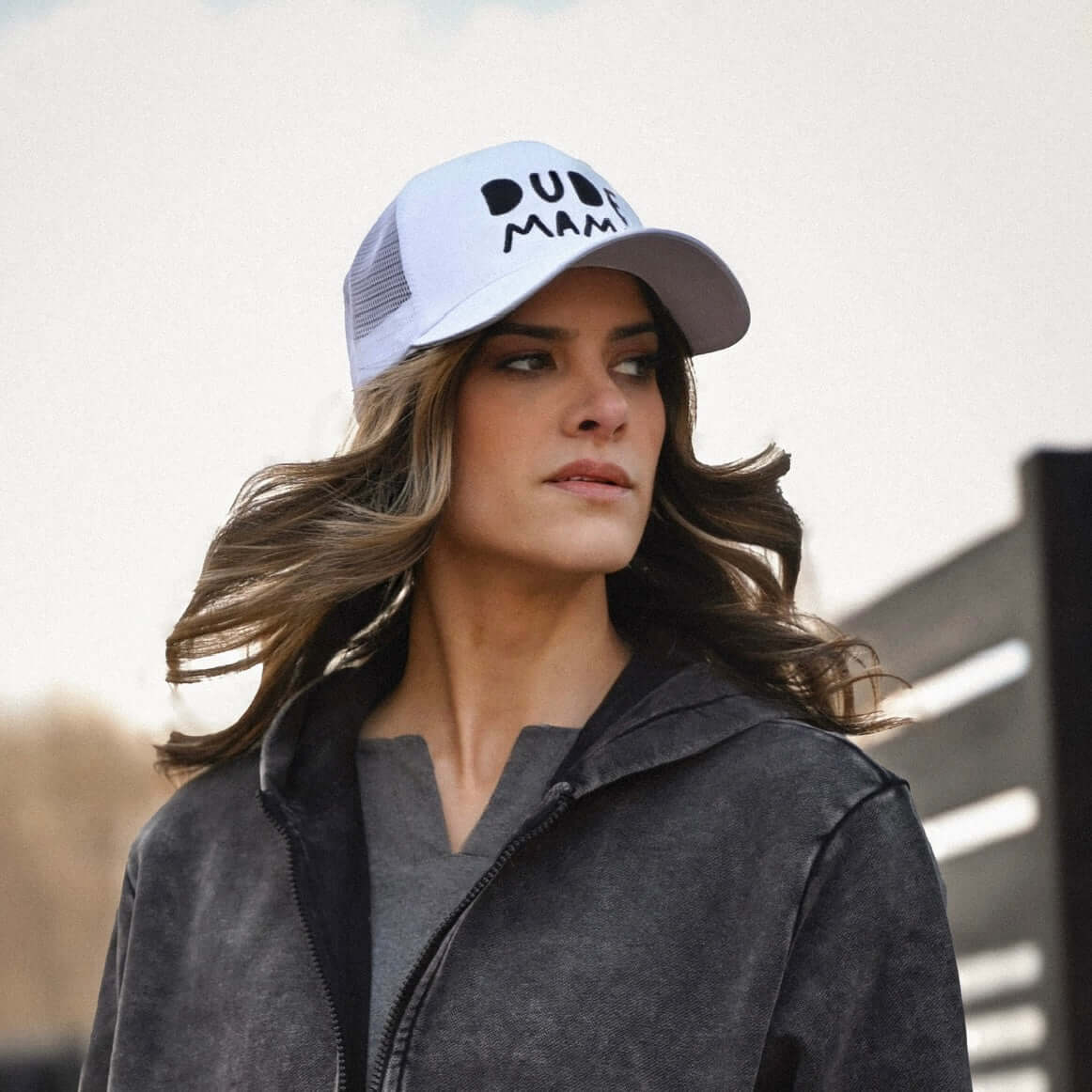 Dude Mama Black Embroidered White Hat