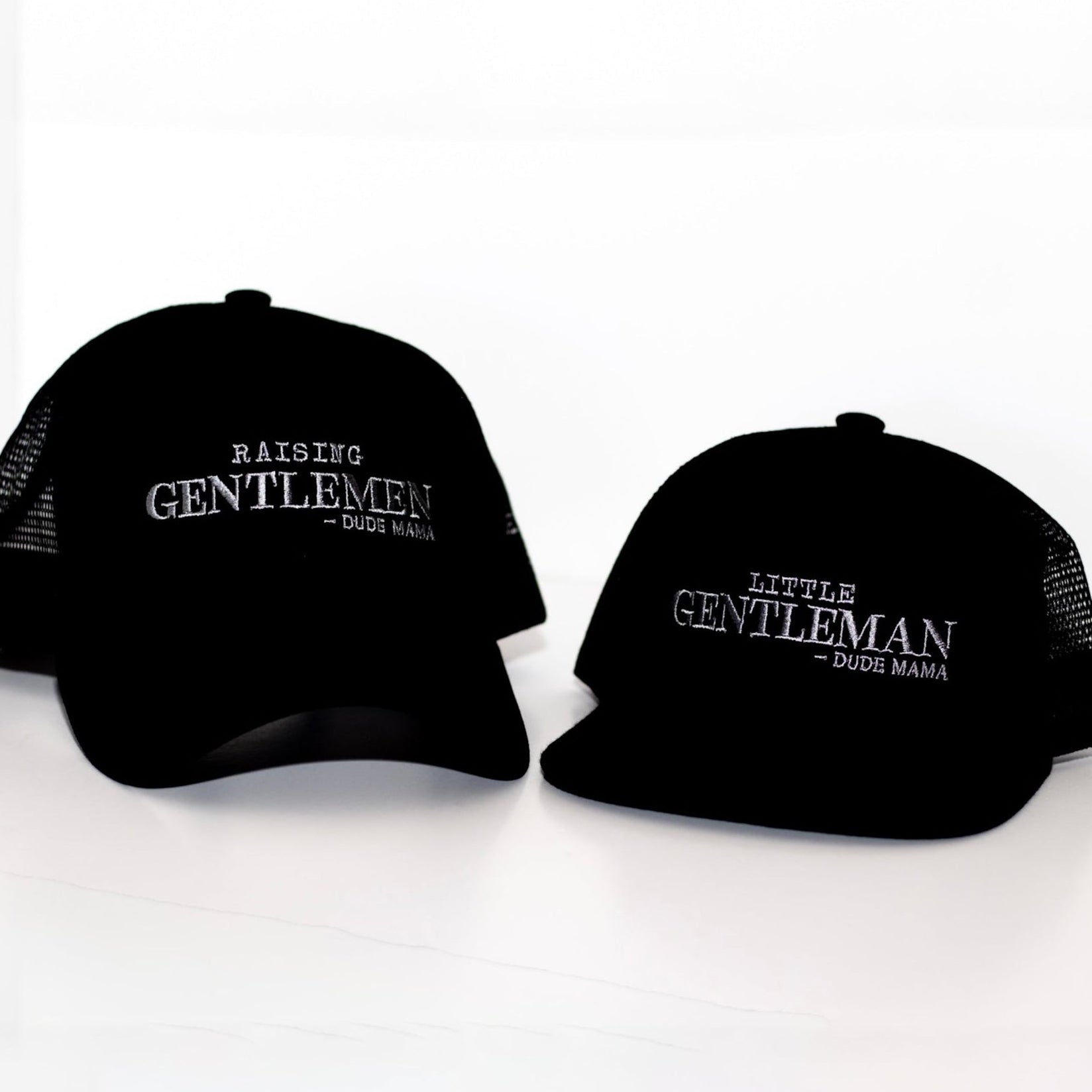 Matching mom and son hats featuring a Raising Gentleman Hat and a Little Gentleman Hat